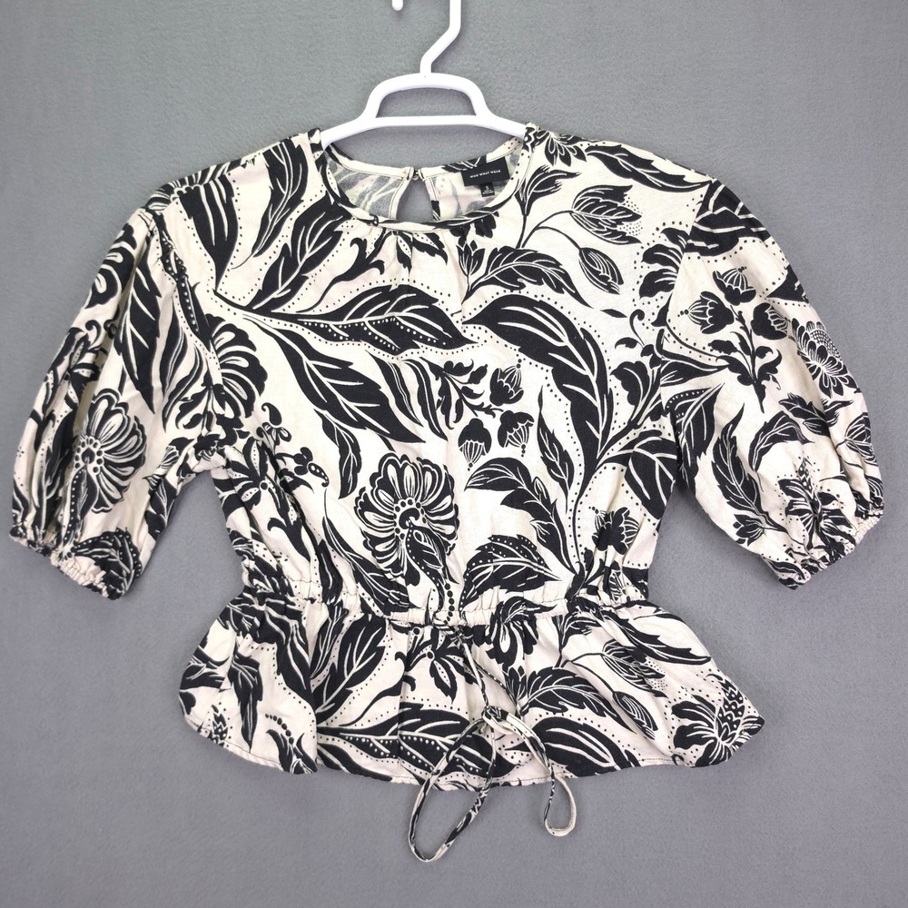 Who What Wear Blouse Peplum Floral Black White Small Linen Puff Sleeve